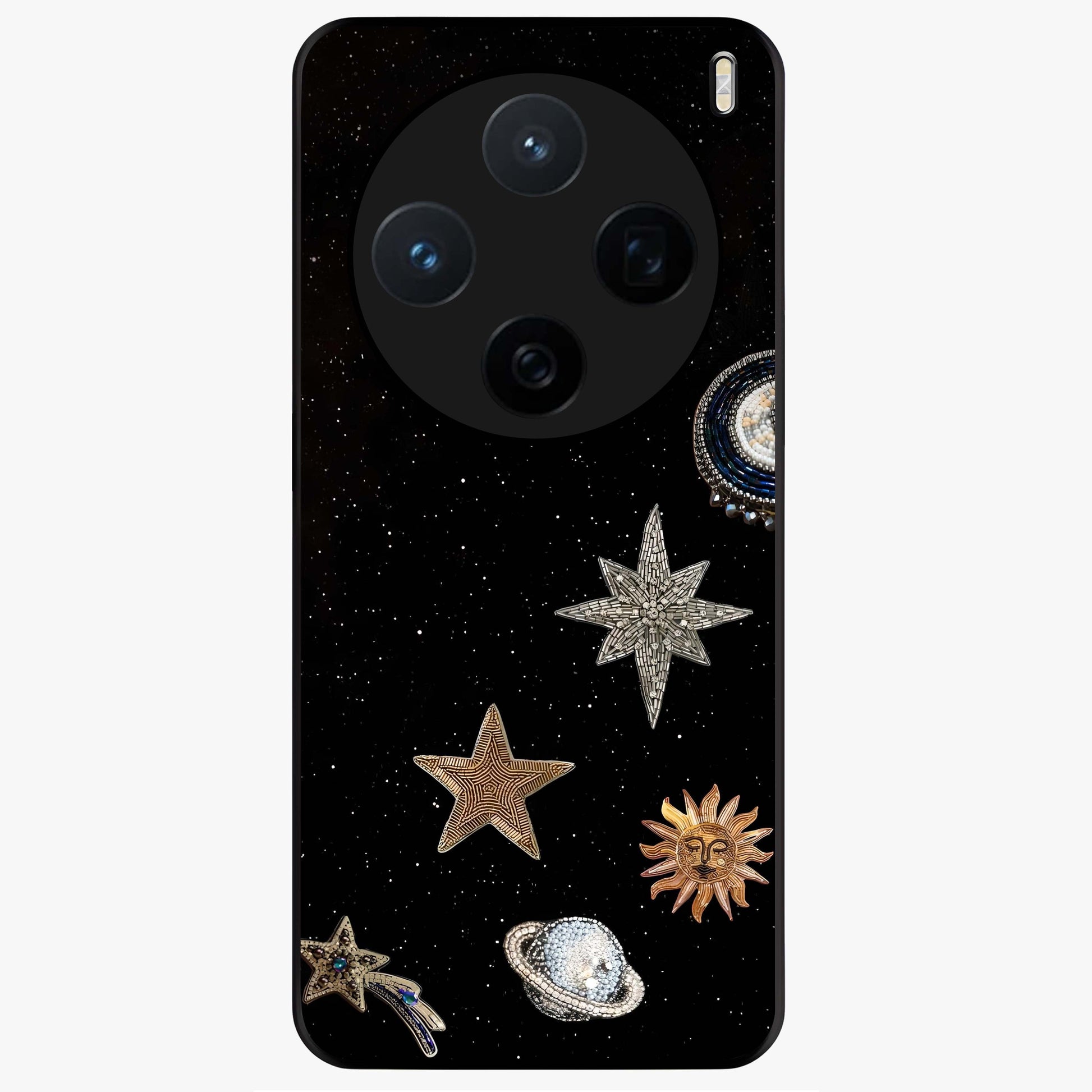 Galactic Charm Glow Glass Case showing flat back view with glowing celestial charm artwork and glossy glass finish.