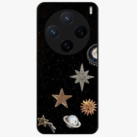 Galactic Charm Glow Glass Case showing flat back view with glowing celestial charm artwork and glossy glass finish.