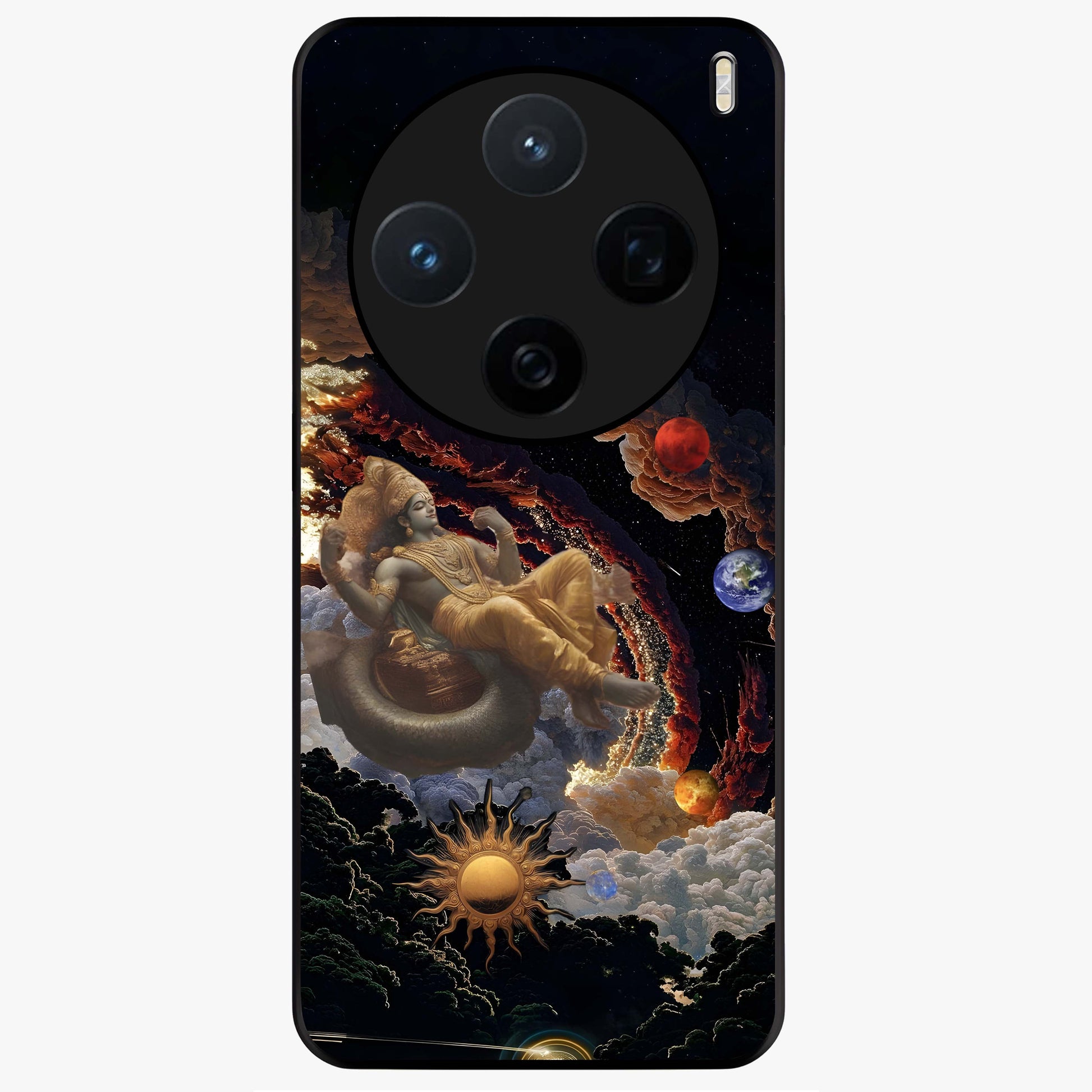 Galactic Divine God Glass Case showing flat back view with divine cosmic themed artwork and glossy glass finish.