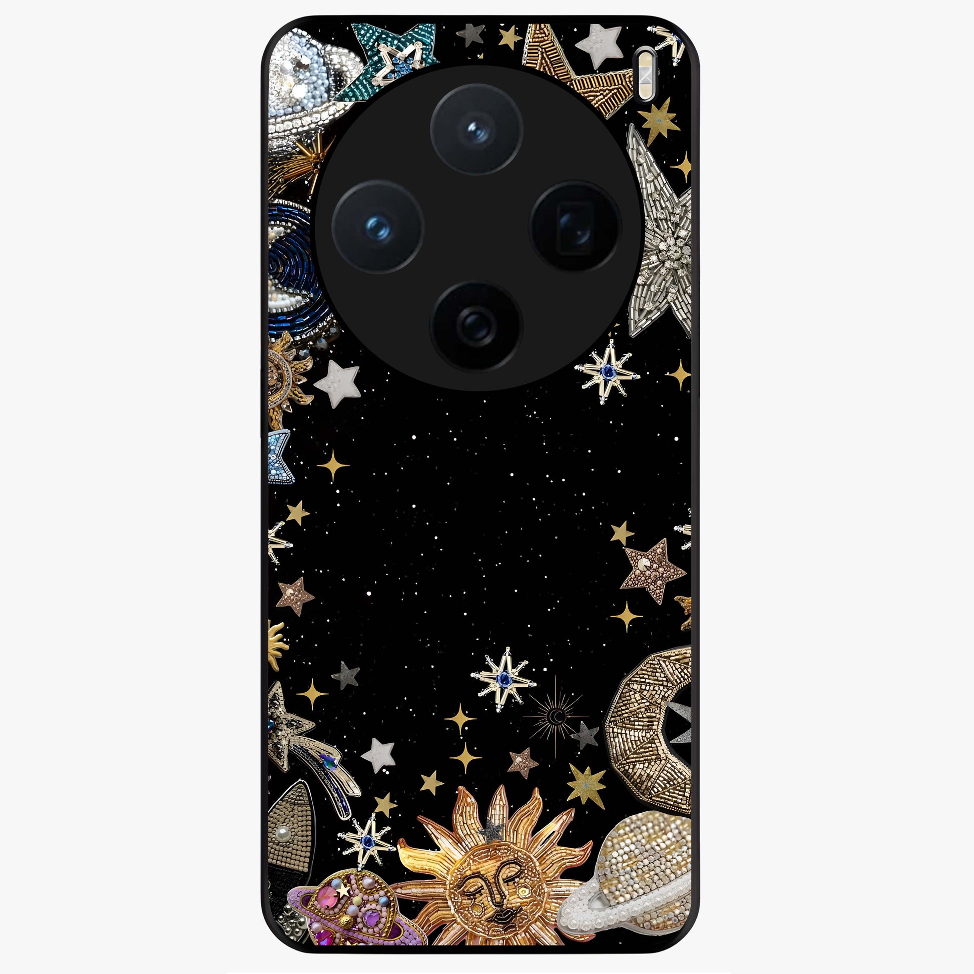 Galactic Jewel Stars Glass Case showing flat back view with sparkling star jewel artwork and glossy glass finish.