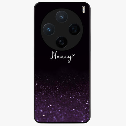 Glittery Purple Bokeh Custom Name Glass Case showing flat back view with purple bokeh sparkle artwork and personalized name design.