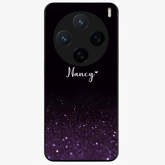 Glittery Purple Bokeh Custom Name Glass Case showing flat back view with purple bokeh sparkle artwork and personalized name design.