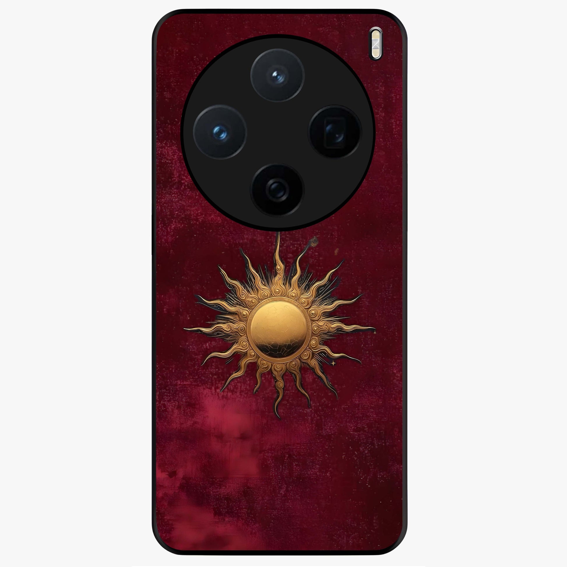 Gold Sun Blush Glass Case showing flat back view with golden sun inspired artwork and glossy glass finish.