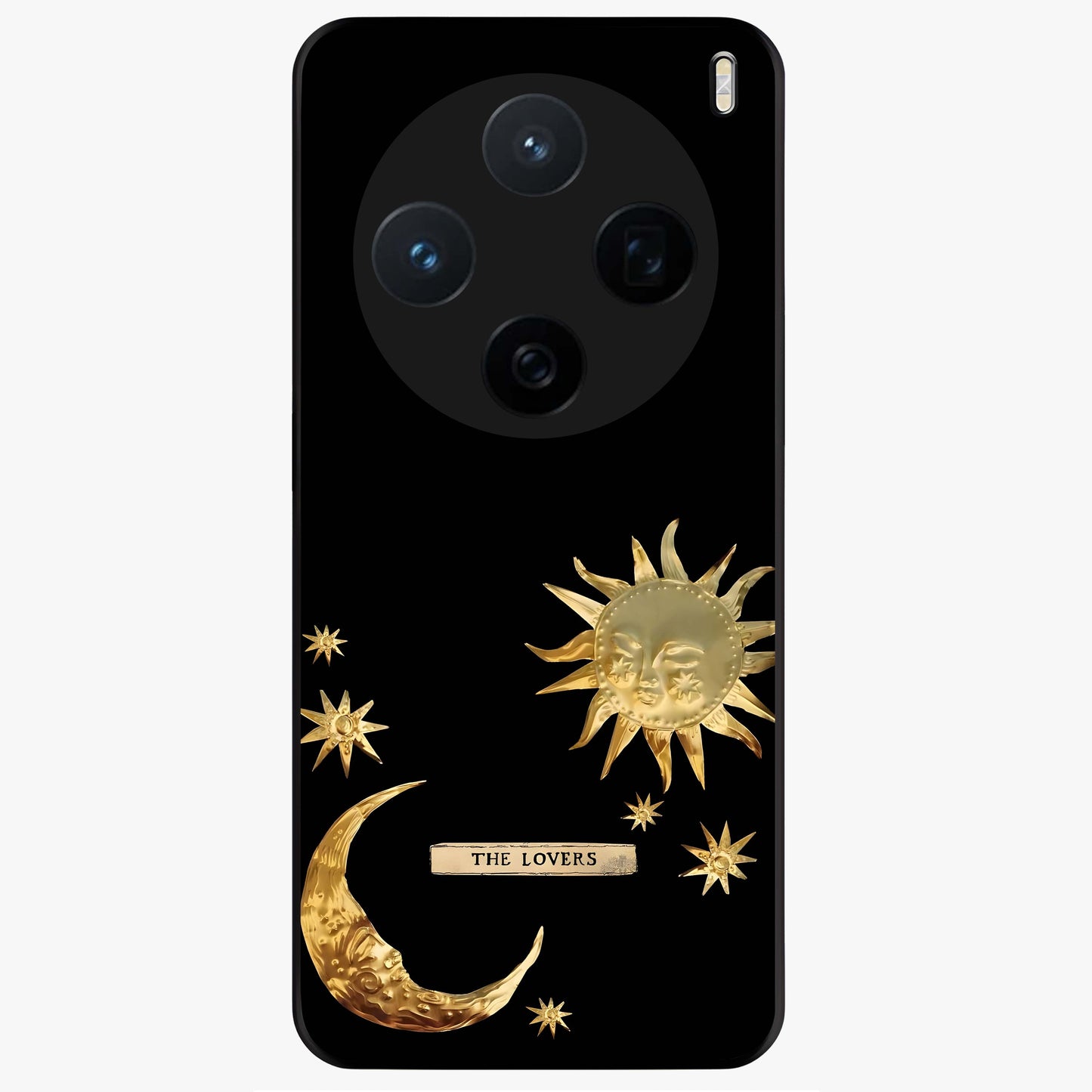 Golden Celestial Charm Glass Case showing flat back view with golden celestial charm artwork and glossy glass finish.