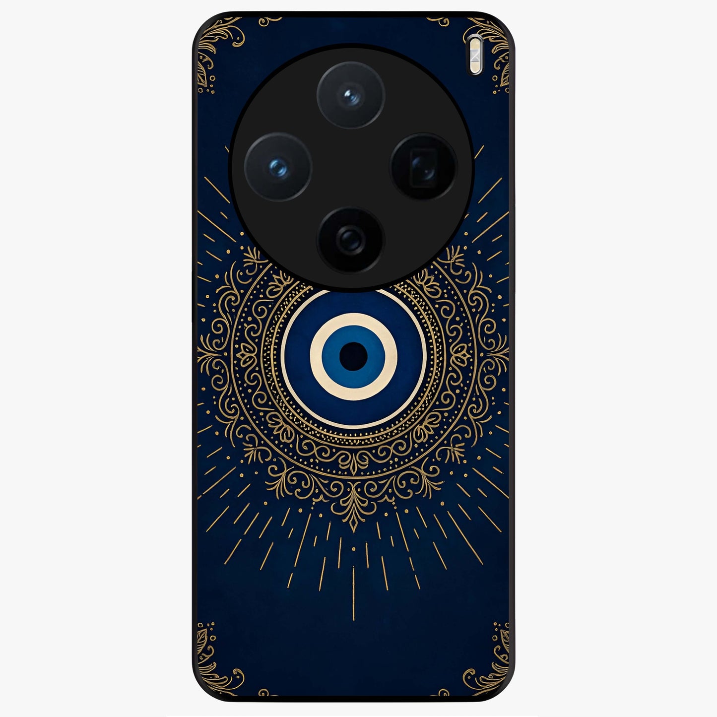Golden Evil Eye Mandala Glass Case showing flat back view with intricate evil eye mandala artwork and glossy glass finish.