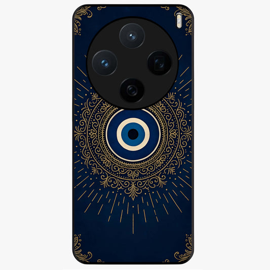 Golden Evil Eye Mandala Glass Case showing flat back view with intricate evil eye mandala artwork and glossy glass finish.