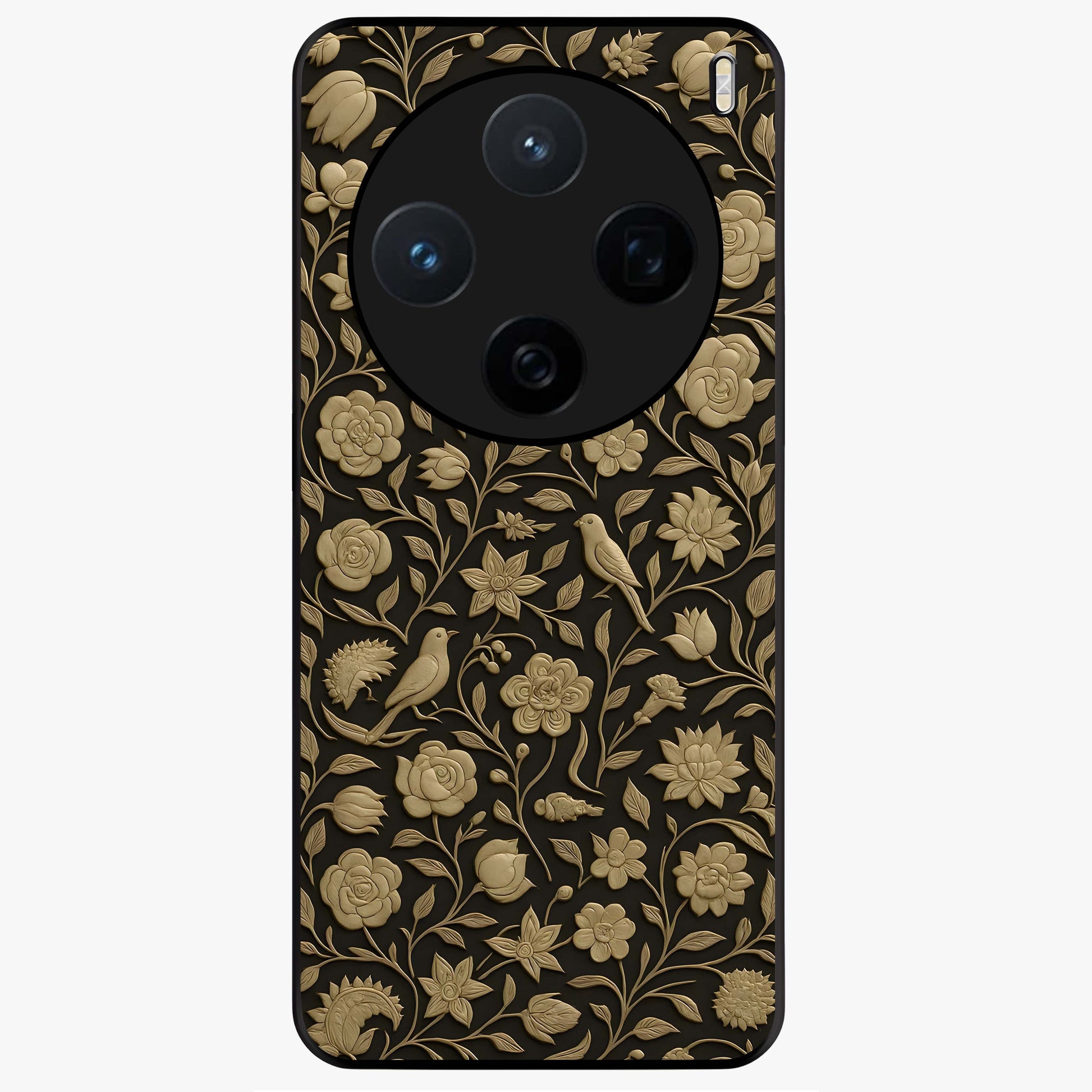 Golden Floral Majesty Glass Case showing flat back view with luxurious golden floral artwork and glossy glass finish.