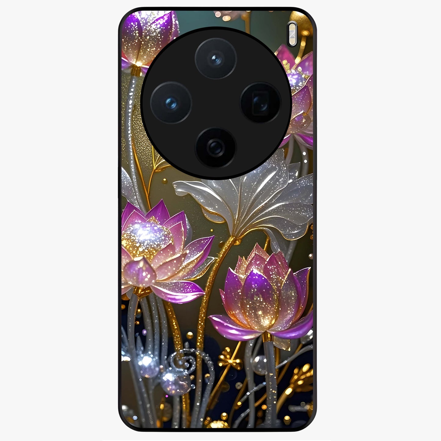 Golden Lotus Glow Glass Case showing flat back view with glowing lotus flower artwork and glossy glass finish.