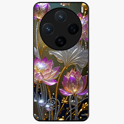 Golden Lotus Glow Glass Case showing flat back view with glowing lotus flower artwork and glossy glass finish.