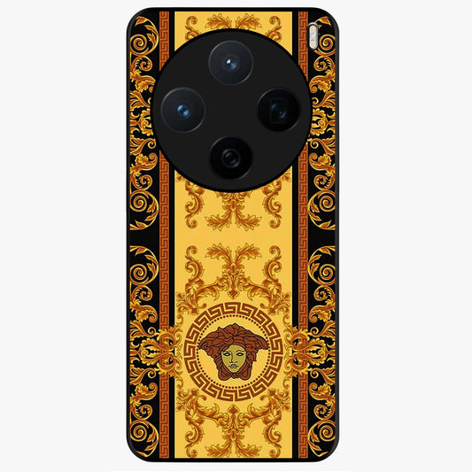 Golden Royal Heritage Glass Case showing flat back view with ornate royal pattern artwork and glossy glass finish.