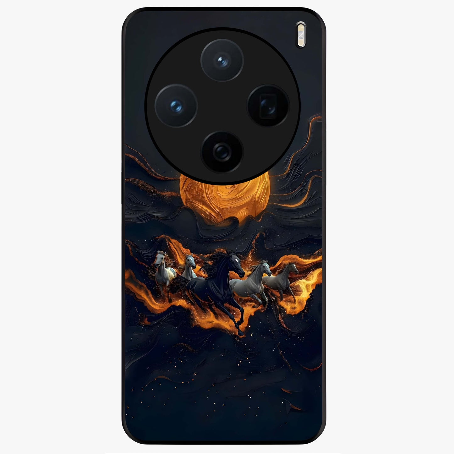 Golden Stallion Moonride Glass Case showing flat back view with majestic horse under moonlight artwork and glossy glass finish.