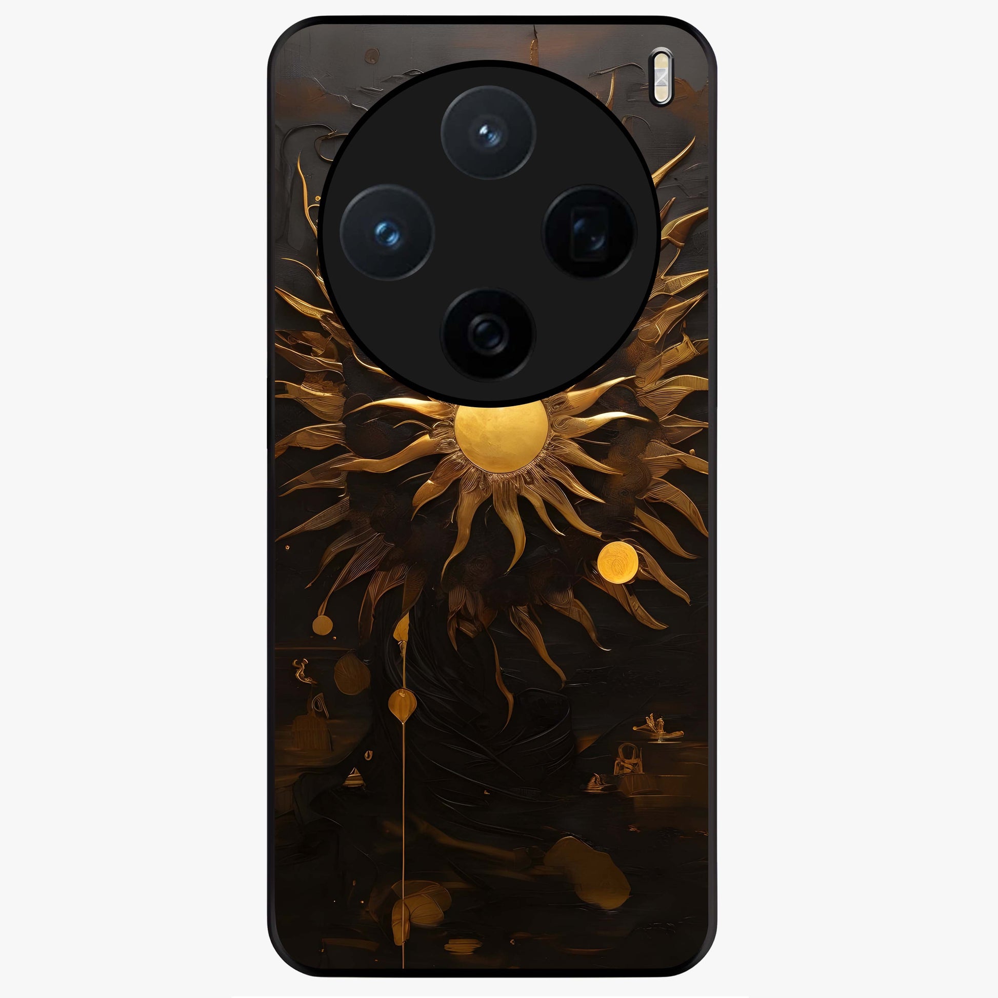 Golden Sun Majesty Glass Case showing flat back view with radiant golden sun artwork and glossy glass finish.