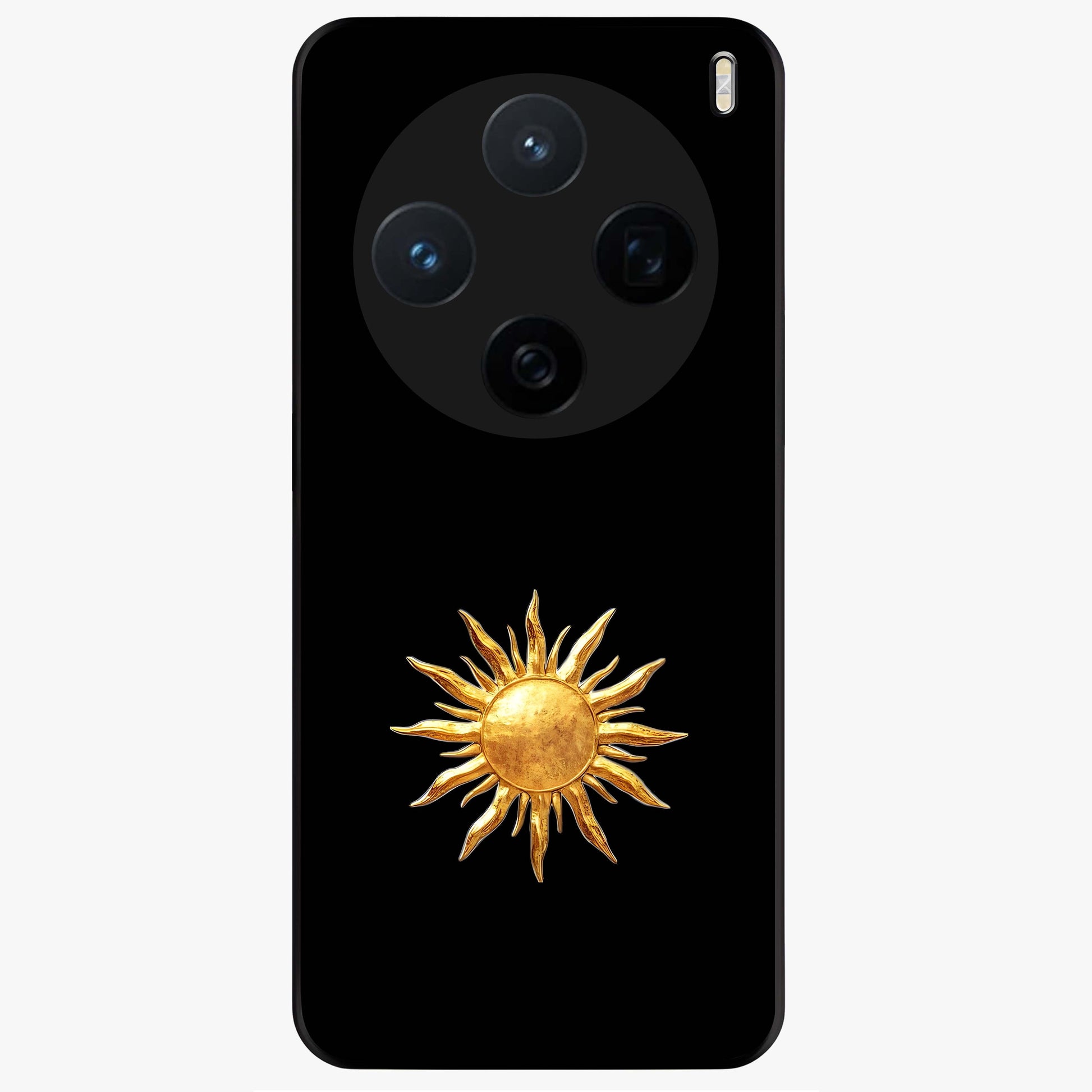 Golden Sun Minimalism Glass Case showing flat back view with minimal golden sun artwork and glossy glass finish.