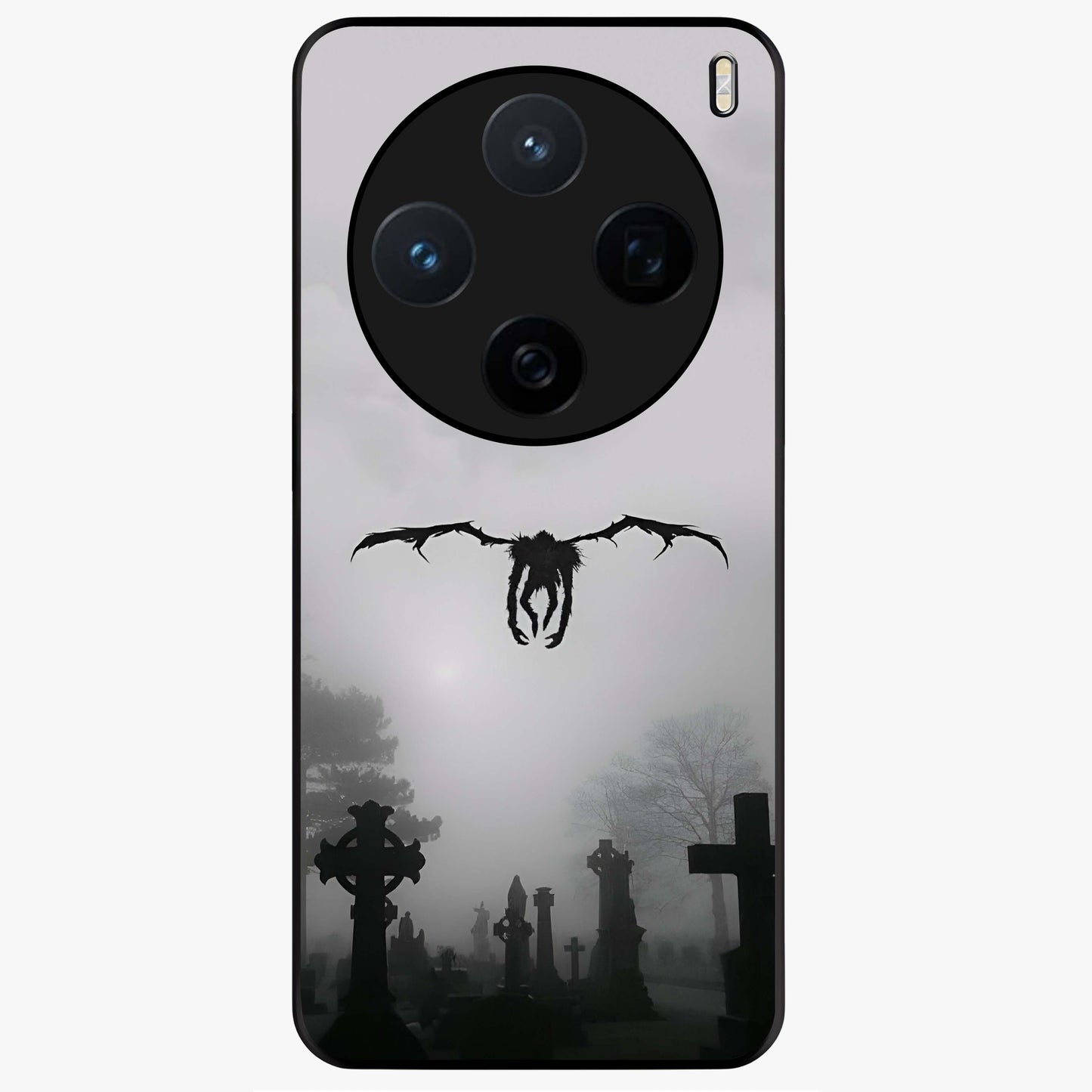 Graveyard Shadow Descent Glass Case showing flat back view with dark graveyard themed artwork and glossy glass finish.