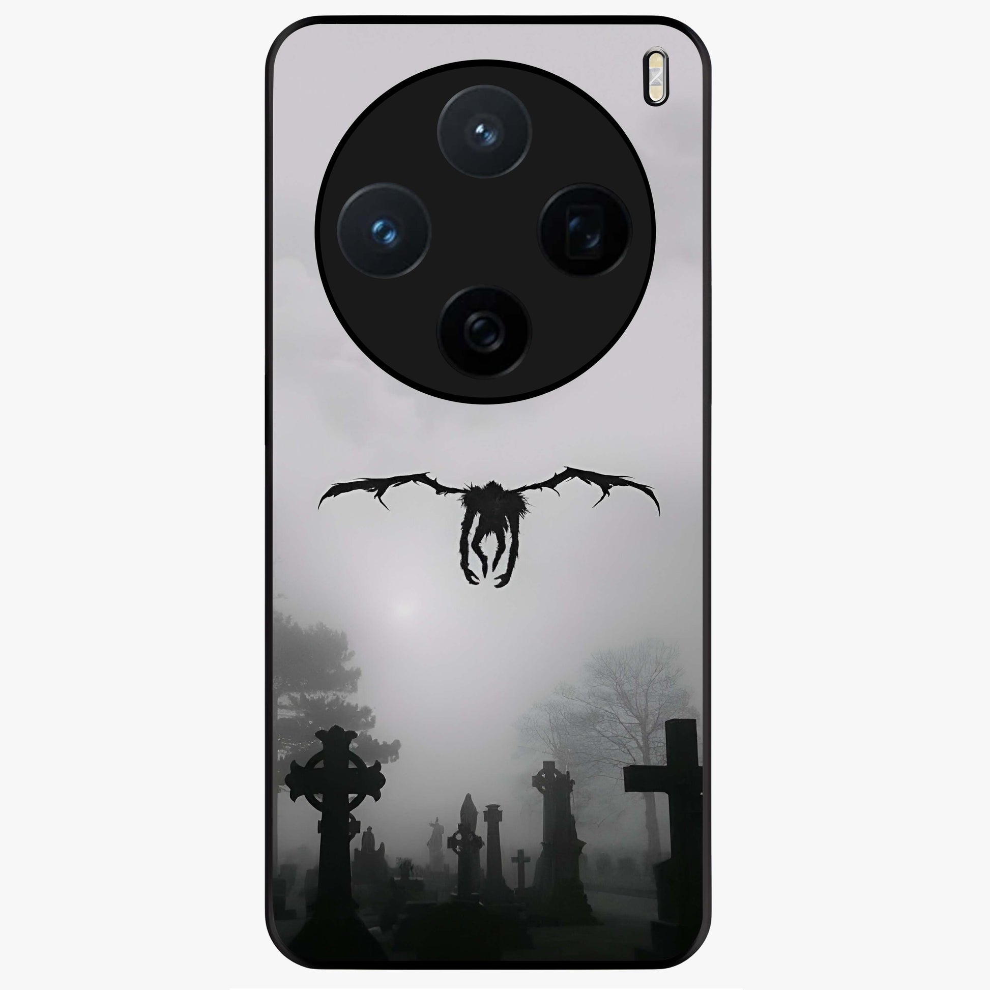 Graveyard Shadow Descent Glass Case showing flat back view with dark graveyard themed artwork and glossy glass finish.