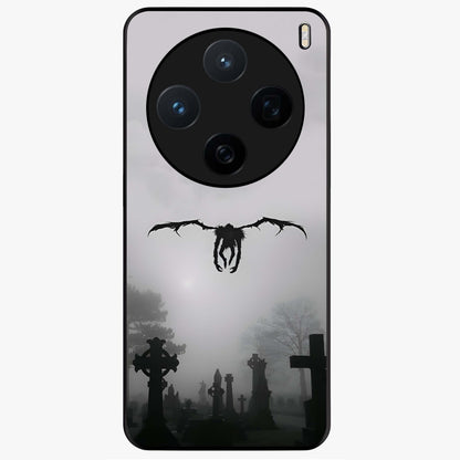 Graveyard Shadow Descent Glass Case showing flat back view with dark graveyard themed artwork and glossy glass finish.