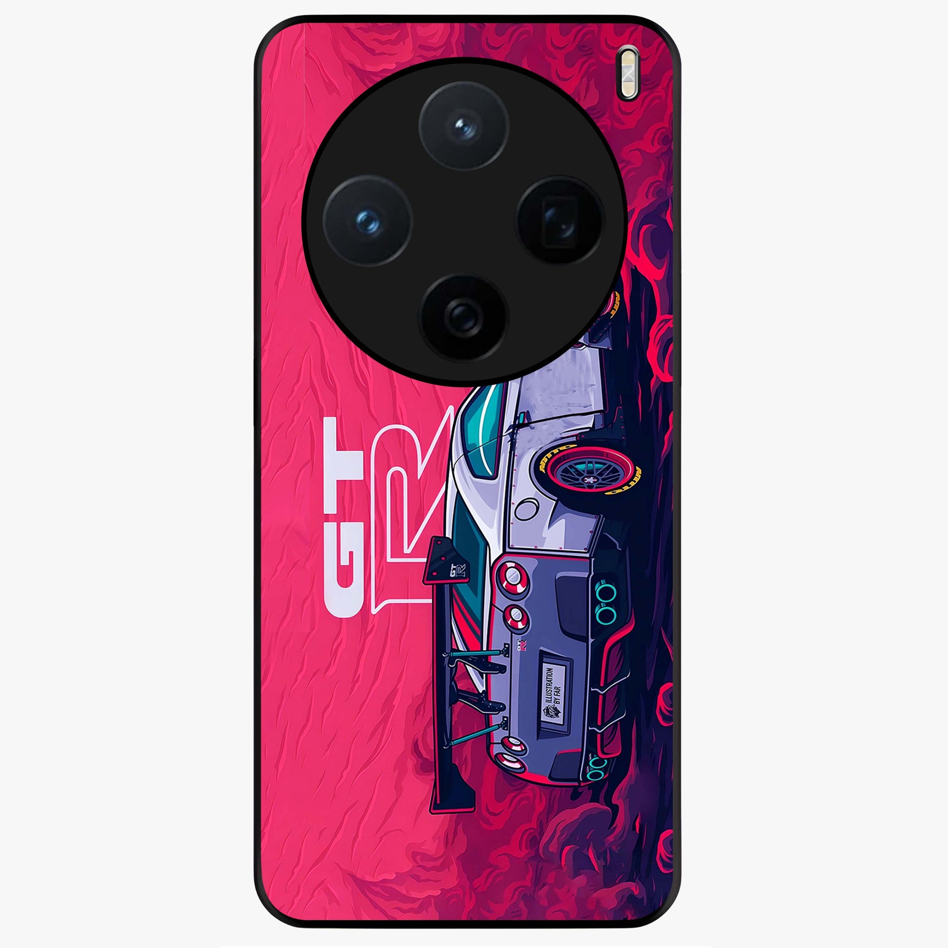 GT-R Car Pattern Glass Case showing flat back view with sporty car inspired pattern artwork and glossy glass finish.