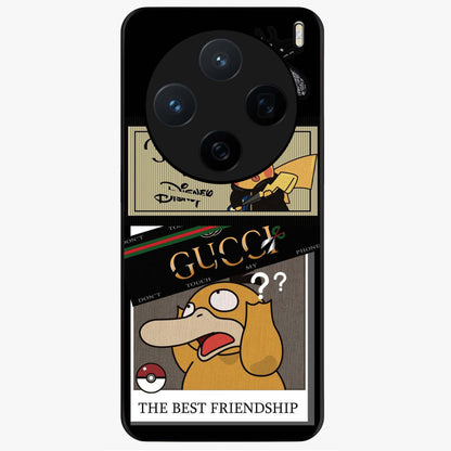 Gucci Play Mashup Glass Case showing flat back view with luxury inspired graphic artwork and glossy glass finish.