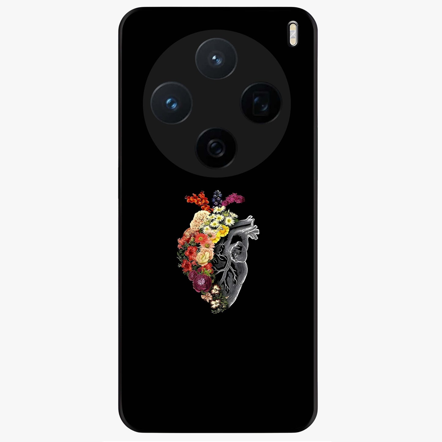 Heart With Flowers Glass Case showing flat back view with heart shaped floral artwork and glossy glass finish.