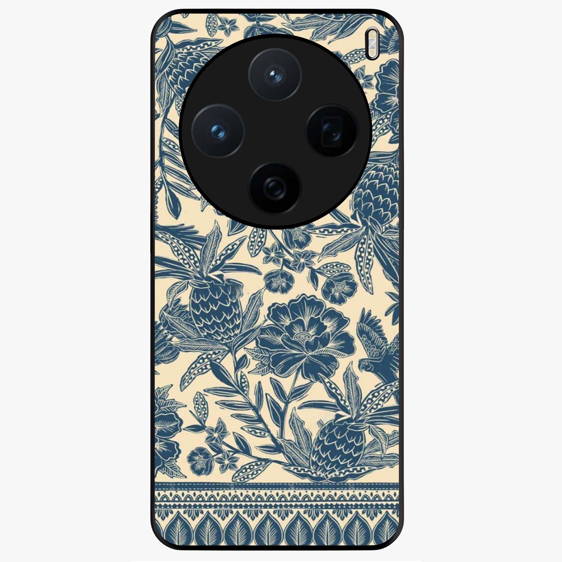 Heirloom Wild Bloom Glass Case showing flat back view with vintage inspired wild flower artwork and glossy glass finish.