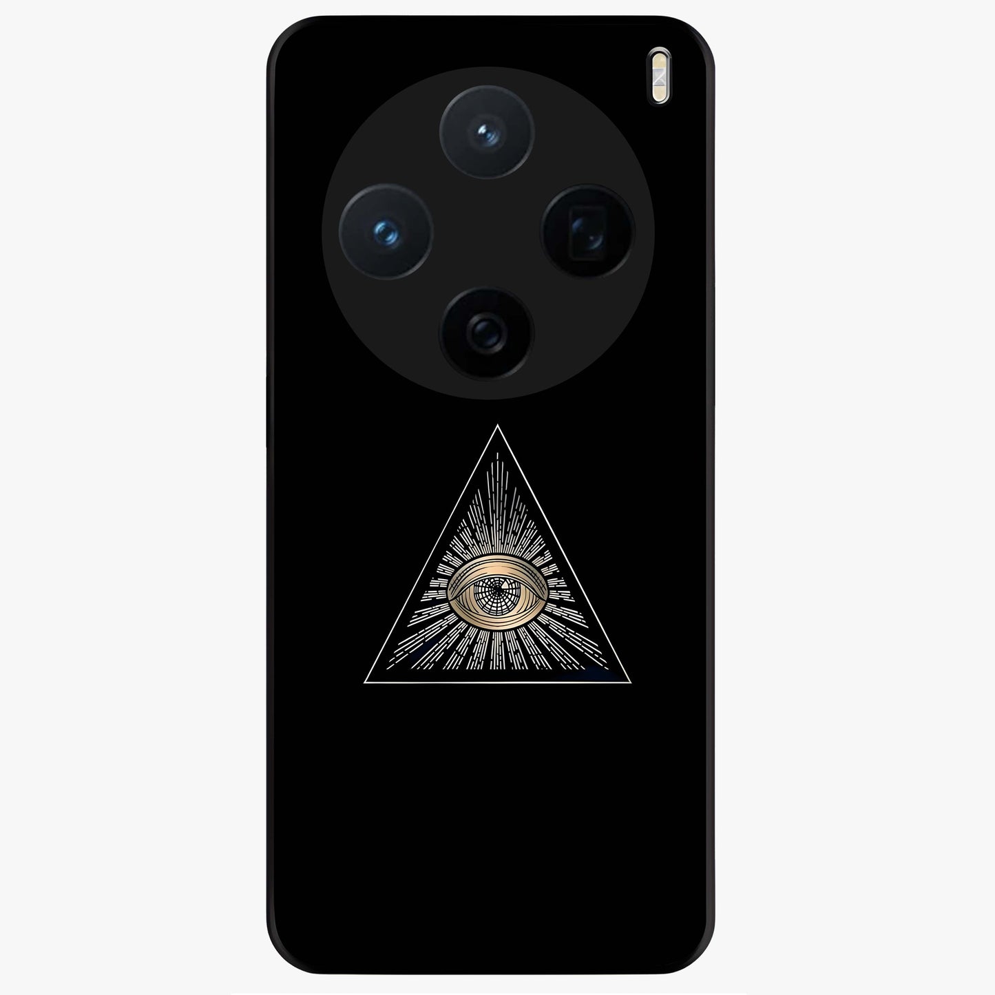Illuminati Evil Glass Case showing flat back view with mysterious illuminati symbol artwork and glossy glass finish.