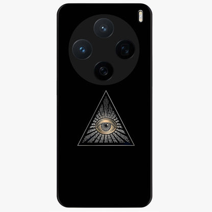 Illuminati Evil Glass Case showing flat back view with mysterious illuminati symbol artwork and glossy glass finish.