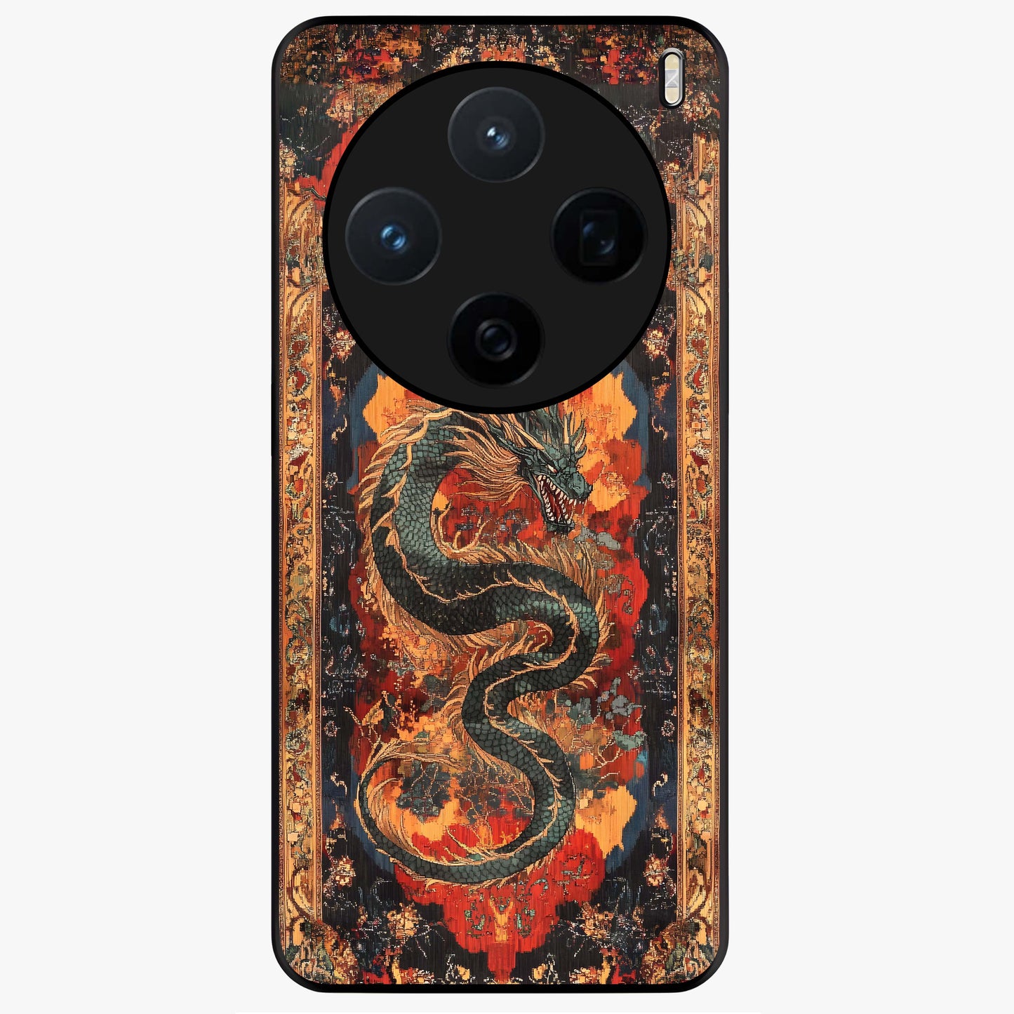 Inferno Dragon Soul Glass Case showing flat back view with fiery dragon artwork and glossy glass finish.
