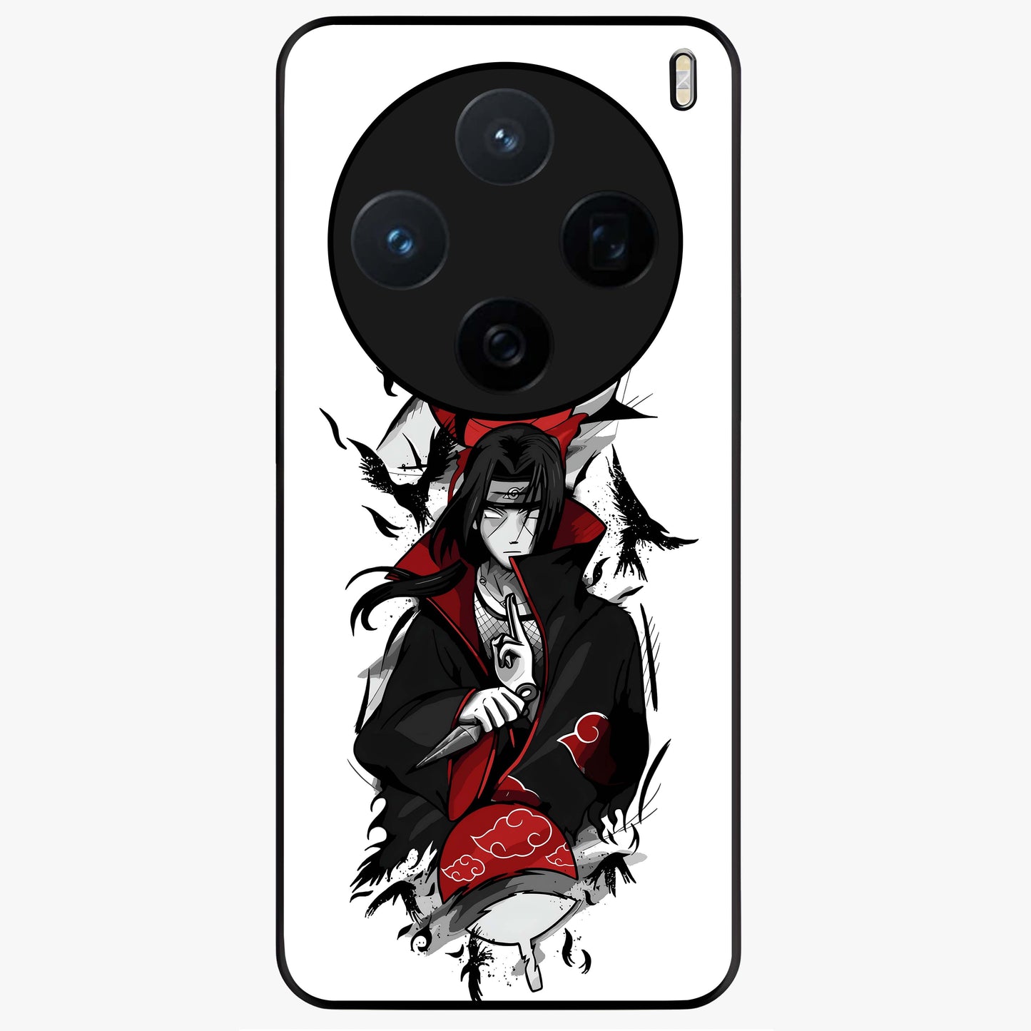 Itachi Sharingan Glass Case showing flat back view with powerful anime eye artwork and glossy glass finish.