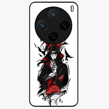 Itachi Sharingan Glass Case showing flat back view with powerful anime eye artwork and glossy glass finish.
