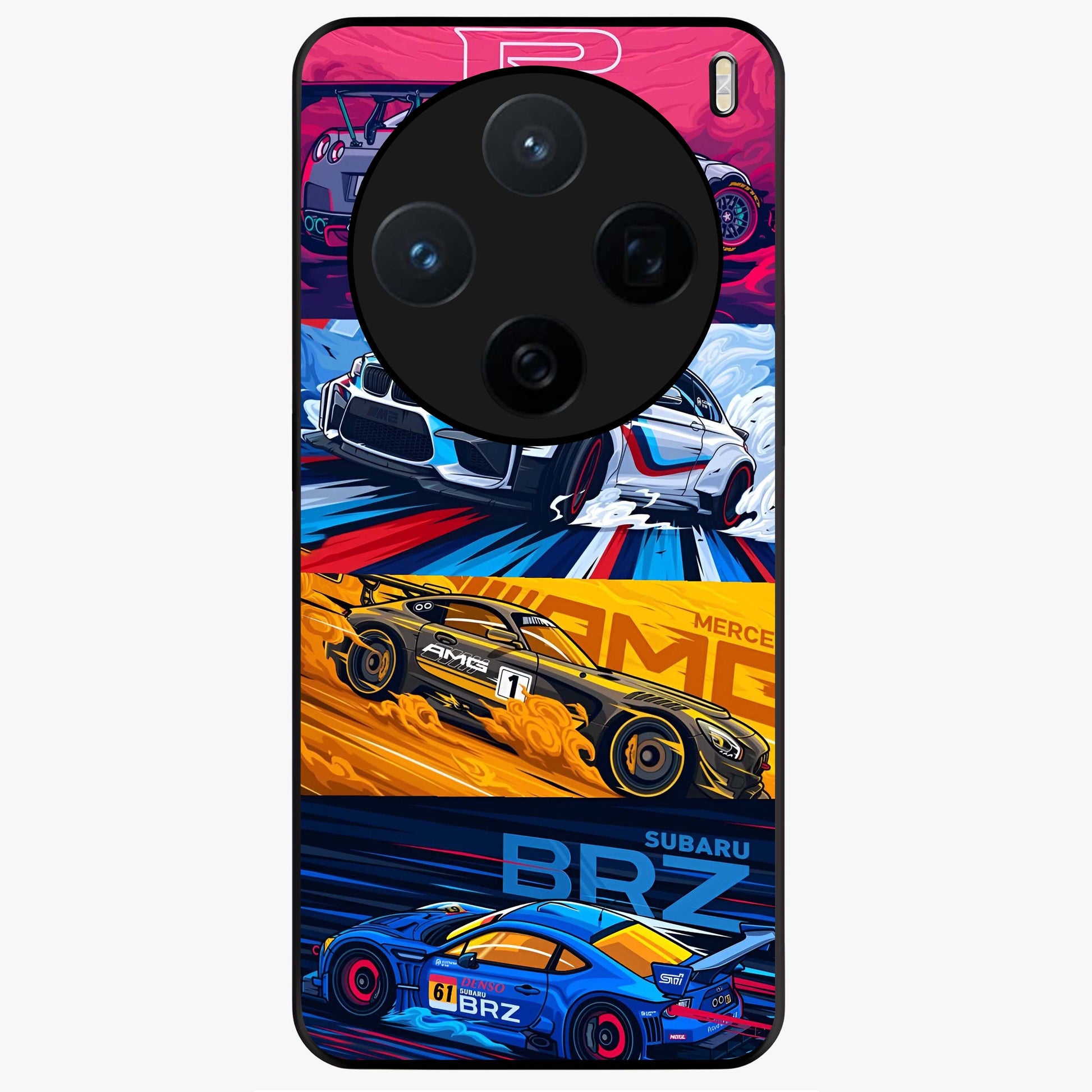 JDM Sports Car Glass Case showing flat back view with high performance sports car artwork and glossy glass finish.