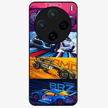 JDM Sports Car Glass Case showing flat back view with high performance sports car artwork and glossy glass finish.