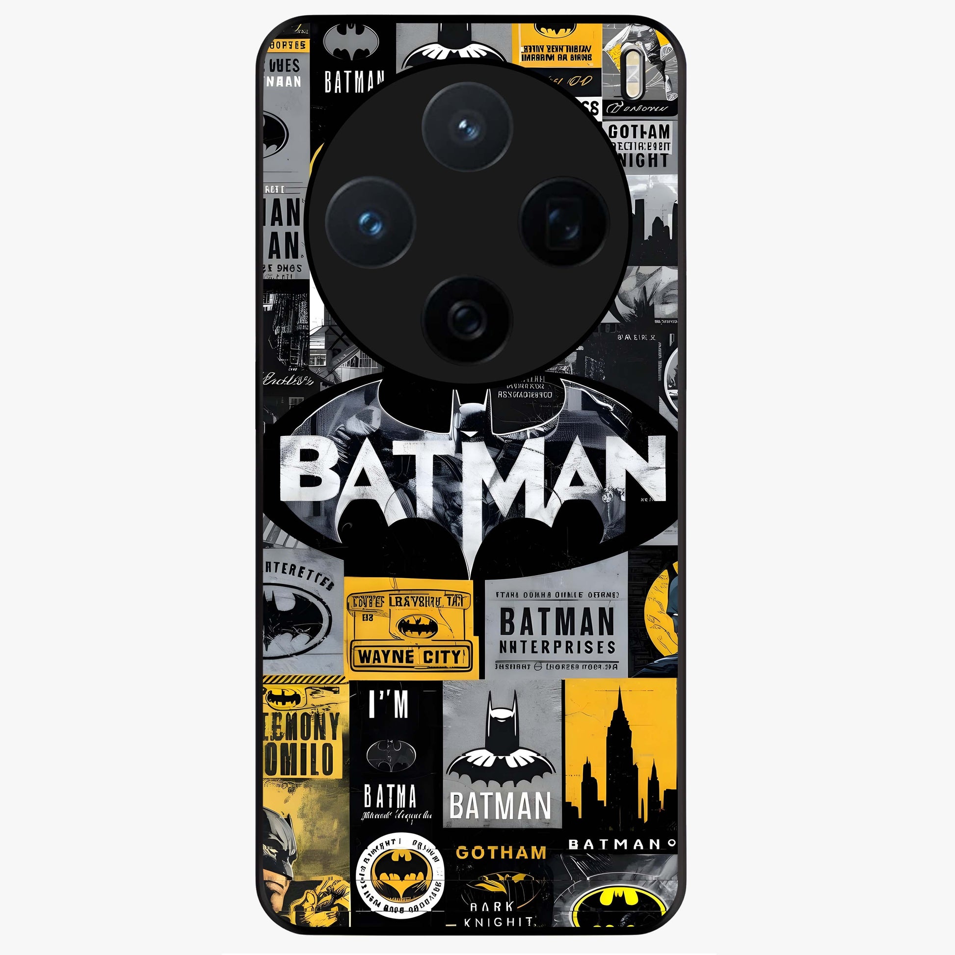 Knight Gotham Rise Glass Case showing flat back view with dark hero inspired artwork and glossy glass finish.