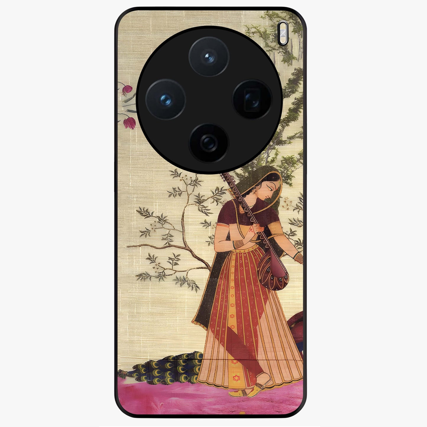 Lady With Veena Art Glass Case showing flat back view with elegant woman playing veena artwork and glossy glass finish.