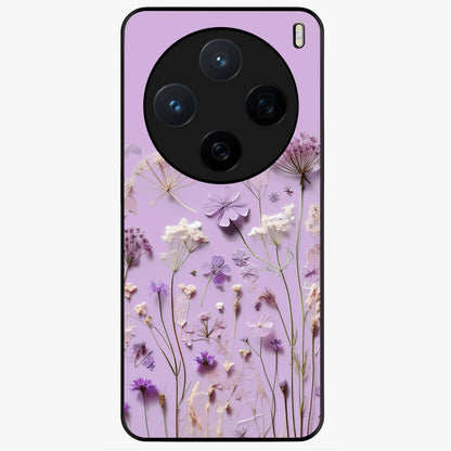 Lavender Blossom Dream Glass Case showing flat back view with soft lavender floral artwork and glossy glass finish.