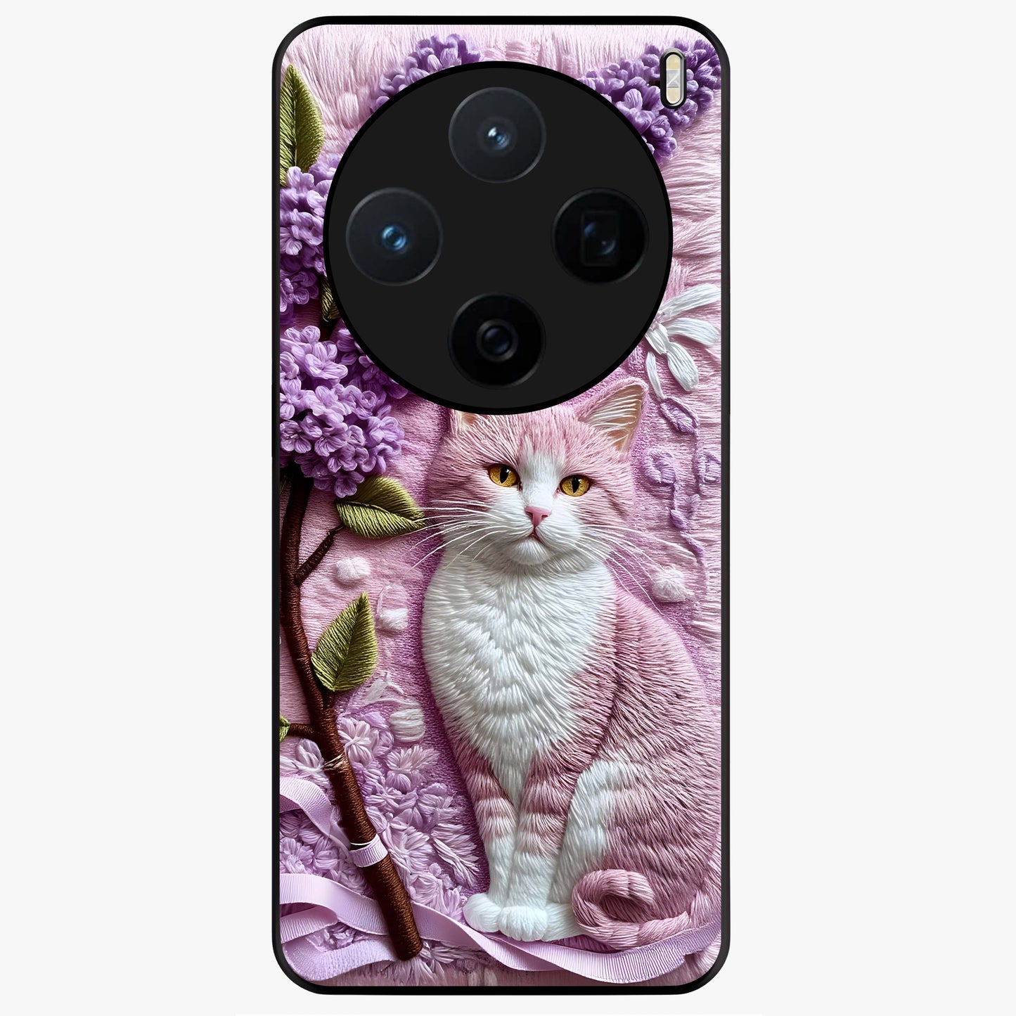 Lavender Cat Whimsy Glass Case showing flat back view with cute lavender cat artwork and glossy glass finish.