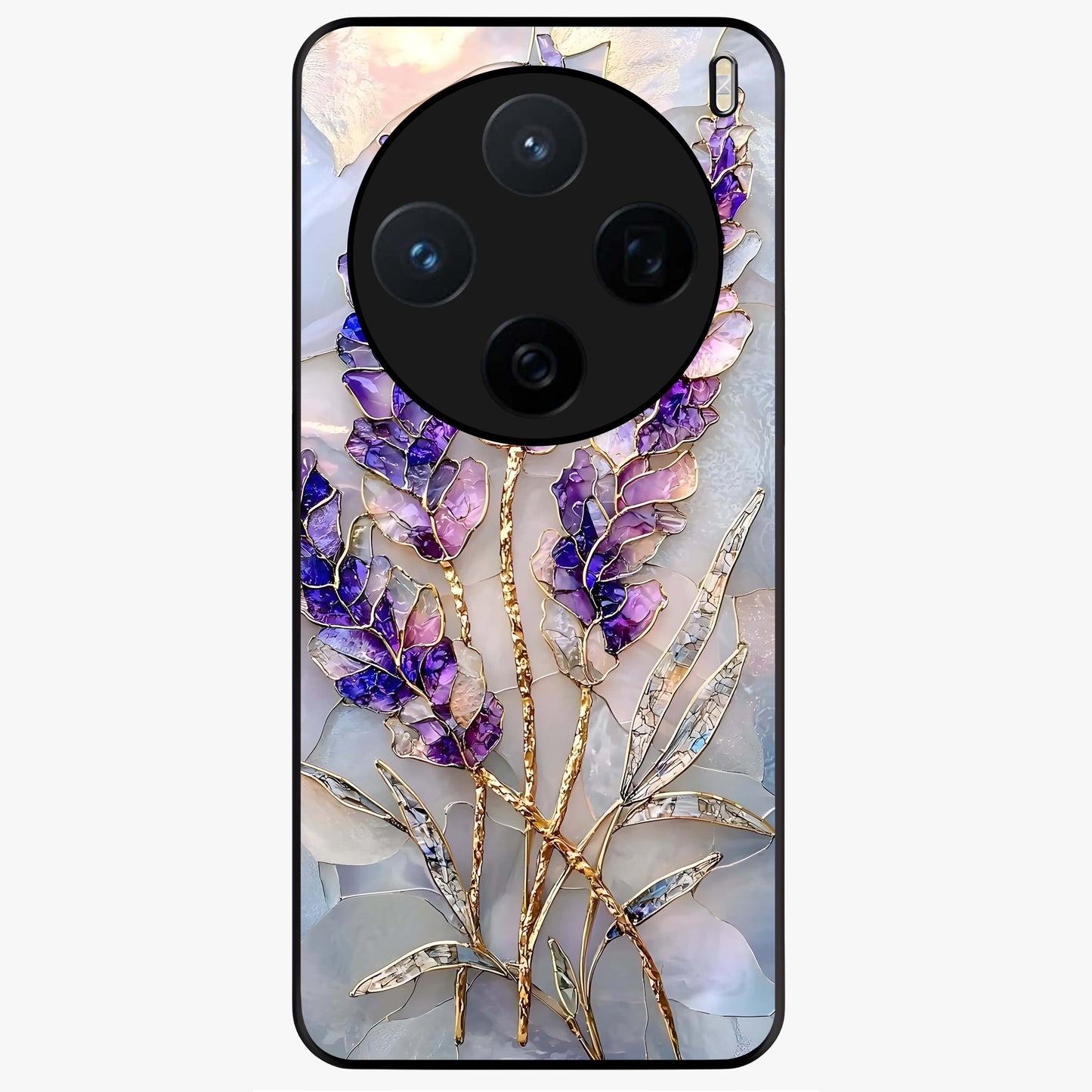 Lavender Dream Glow Glass Case showing flat back view with glowing lavender aesthetic artwork and glossy glass finish.