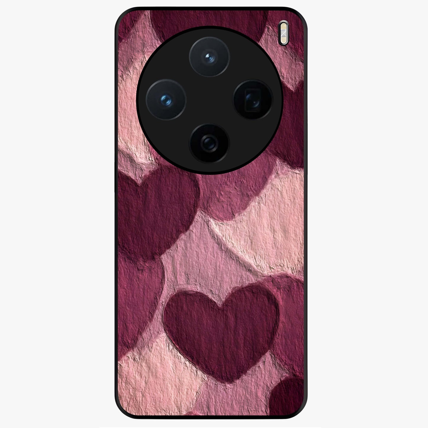 Layered Paper Hearts Glass Case showing flat back view with layered paper heart artwork and glossy glass finish.