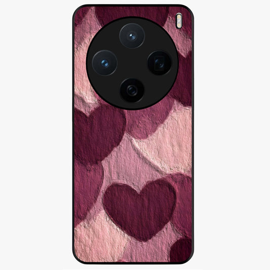 Layered Paper Hearts Glass Case showing flat back view with layered paper heart artwork and glossy glass finish.