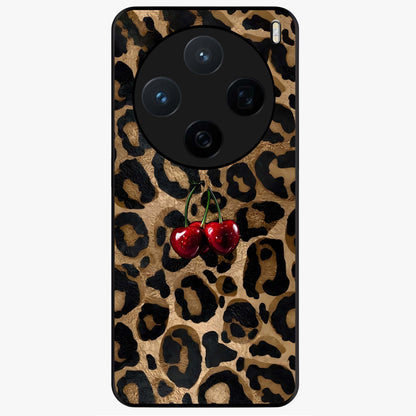 Leopard Wild Cherry Glass Case showing flat back view with leopard pattern and cherry artwork and glossy glass finish.