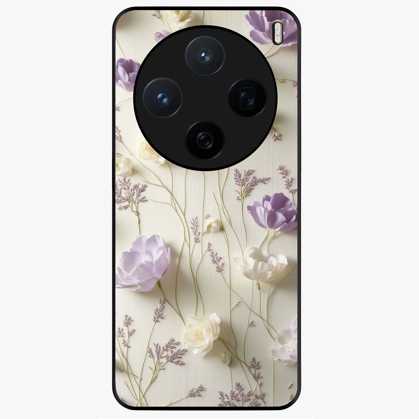 Lilac Breeze Harmony Glass Case showing flat back view with soft lilac themed artwork and glossy glass finish.