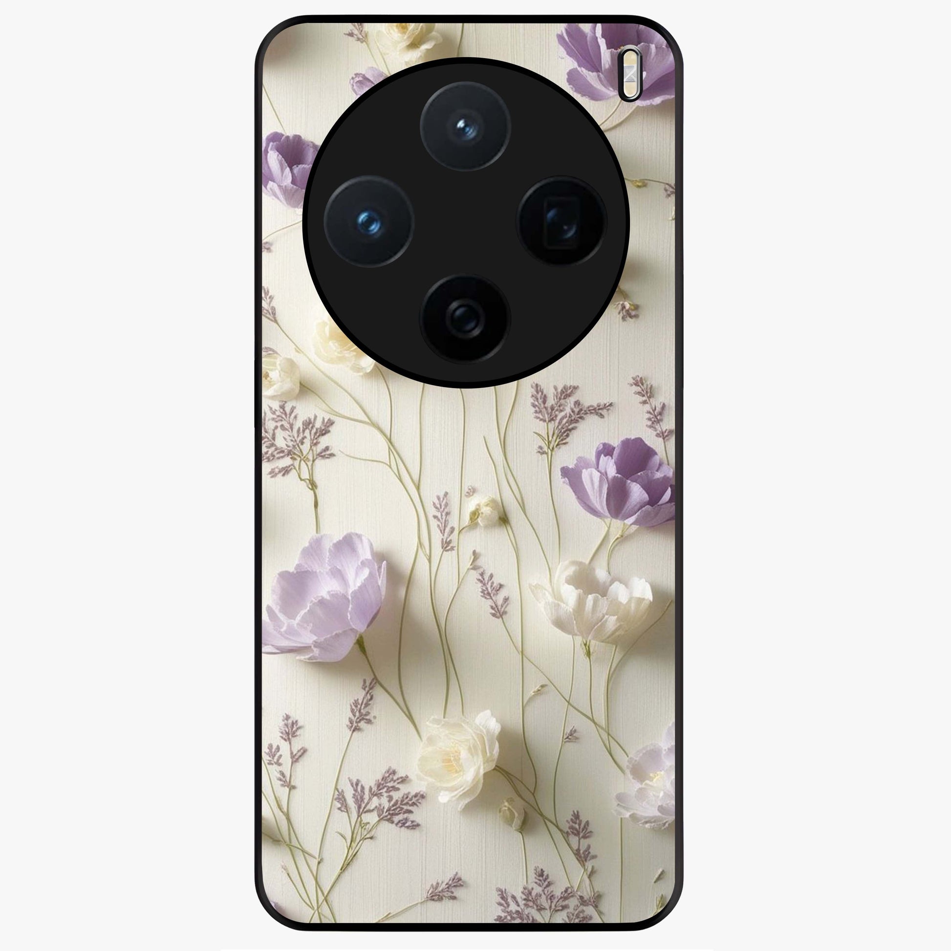 Lilac Breeze Harmony Glass Case showing flat back view with soft lilac themed artwork and glossy glass finish.