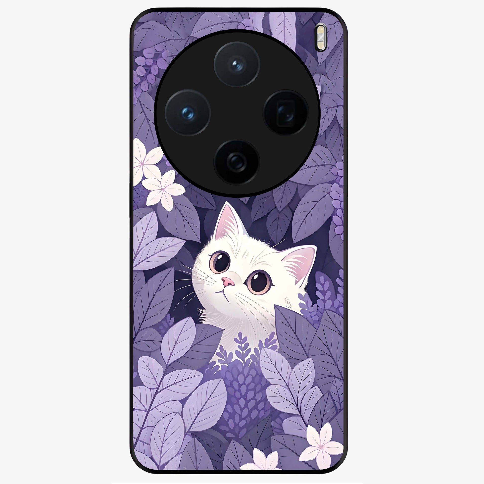 Lilac Hide Peek Cat Glass Case showing flat back view with cute peeking cat artwork and glossy glass finish.