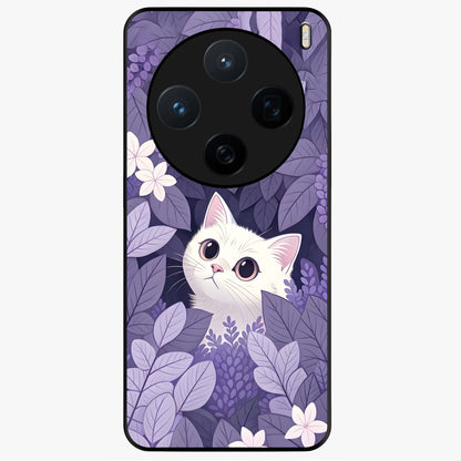 Lilac Hide Peek Cat Glass Case showing flat back view with cute peeking cat artwork and glossy glass finish.