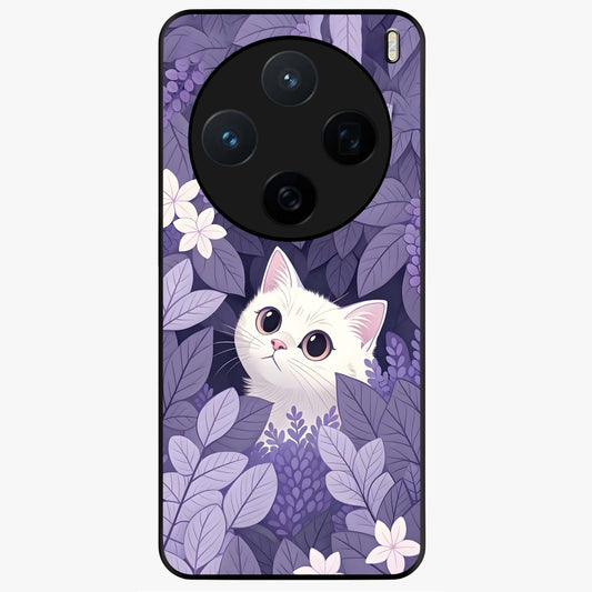 Lilac Hide Peek Cat Glass Case showing flat back view with cute peeking cat artwork and glossy glass finish.