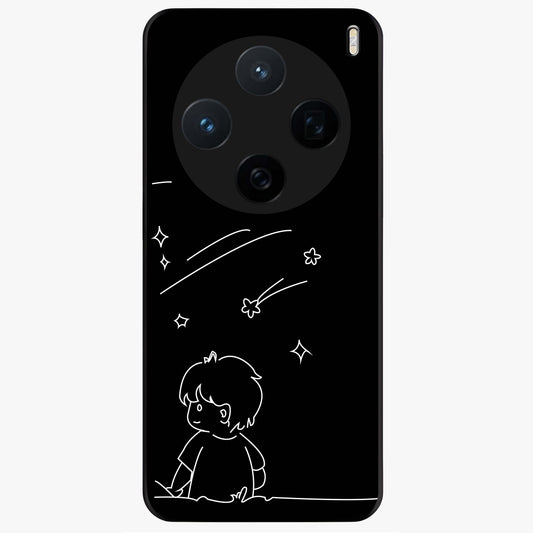 Line Art Boy With Shooting Stars Glass Case showing flat back view with minimal line art boy and shooting stars illustration and glossy glass finish.