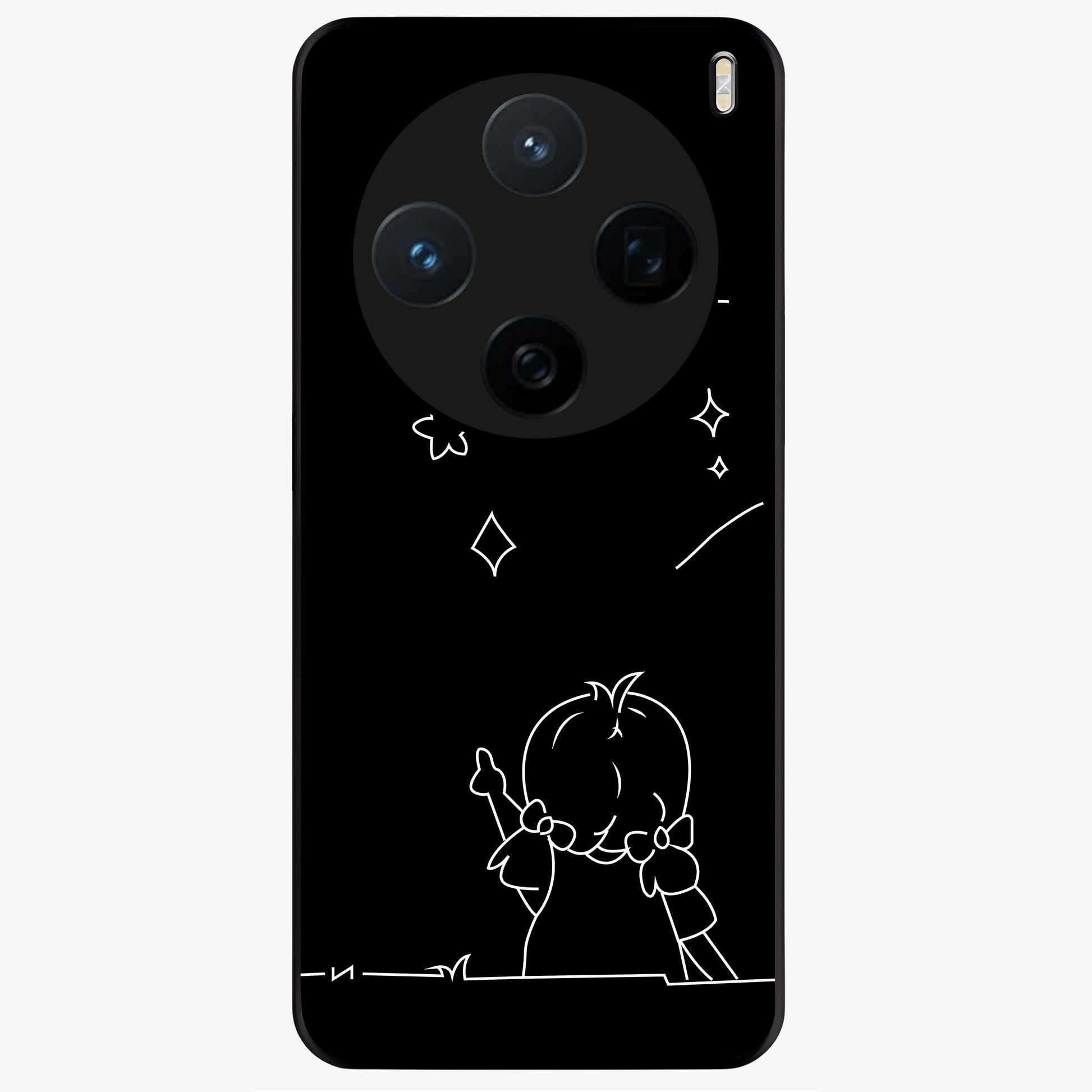 Line Art Girl With Shooting Stars Glass Case showing flat back view with minimal line art girl and shooting stars illustration and glossy glass finish.