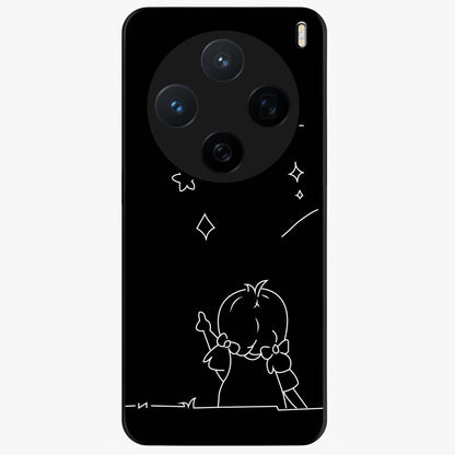 Line Art Girl With Shooting Stars Glass Case showing flat back view with minimal line art girl and shooting stars illustration and glossy glass finish.