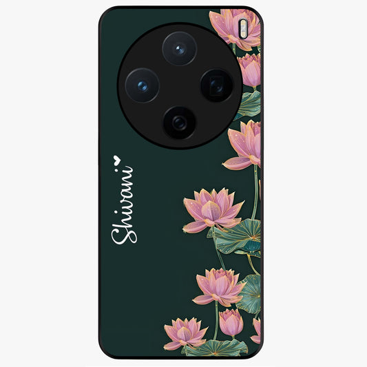 Lotus Bloom Serenity Custom Name Glass Case showing flat back view with elegant lotus flower artwork and personalized name design.