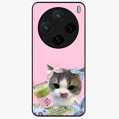 Love Matcha Cat Glass Case showing flat back view with cute cat and matcha themed artwork and glossy glass finish.