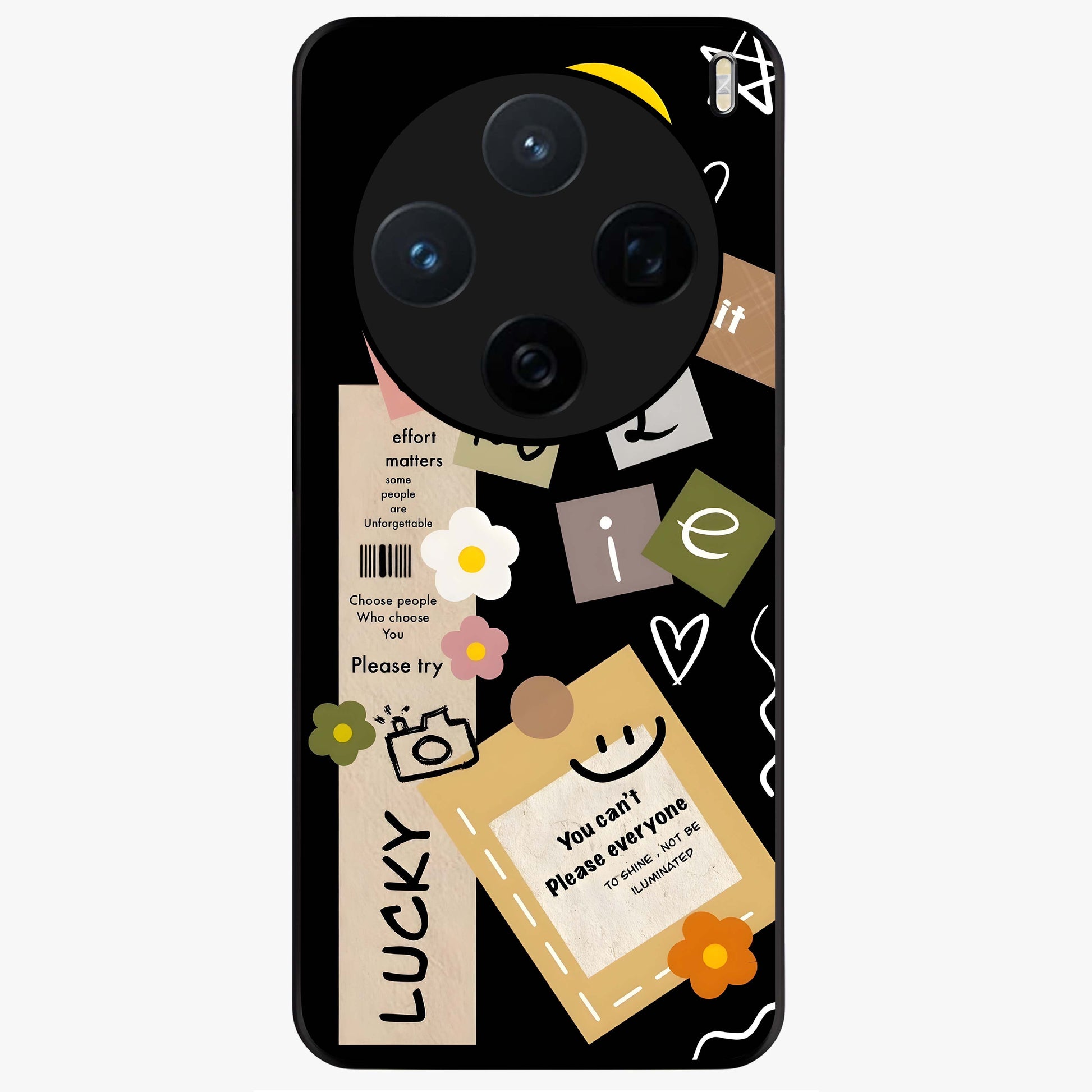 Lucky Aesthetic Collage Glass Case showing flat back view with trendy aesthetic collage artwork and glossy glass finish.